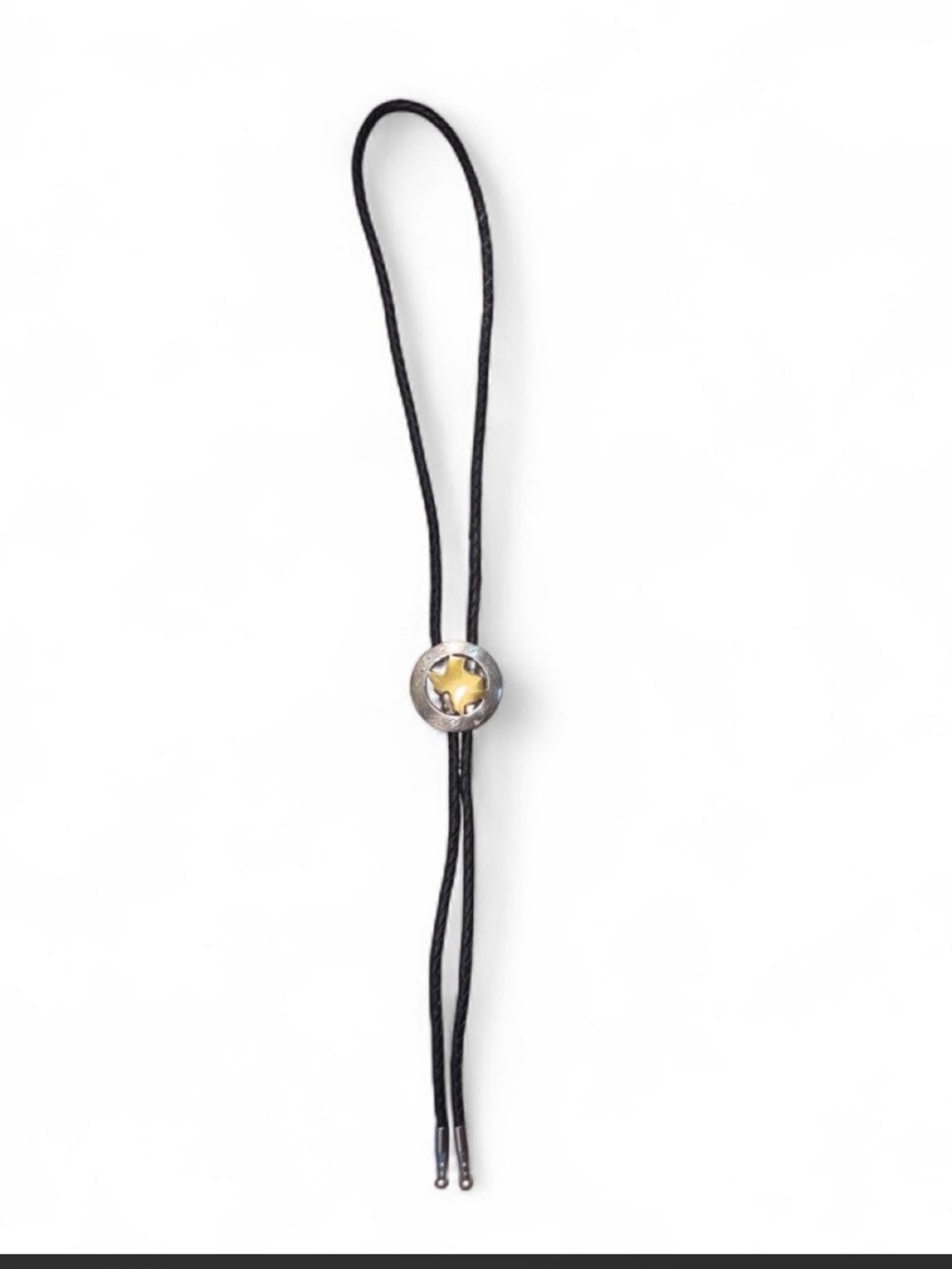Black Leather Bolo Tie with Silver and Gold Accent